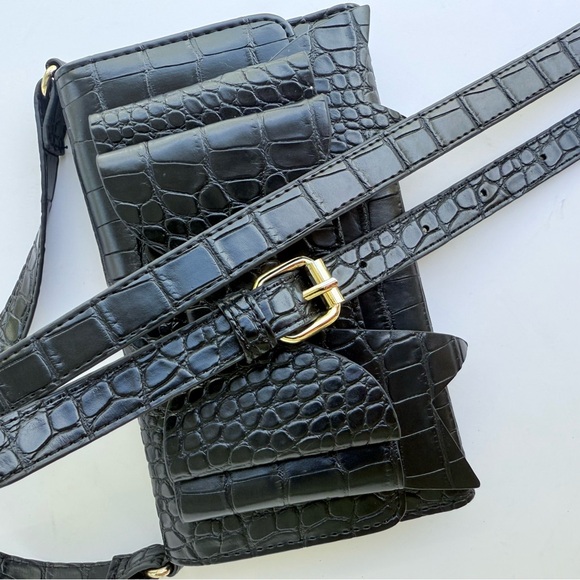 Betsey Johnson Wallet on String Bow Crossbody Bag Black Vegan Crocodile Leather - Picture 11 of 16